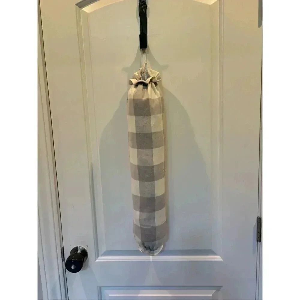 Handmade Plastic Bag Holder- Gray white checked squares